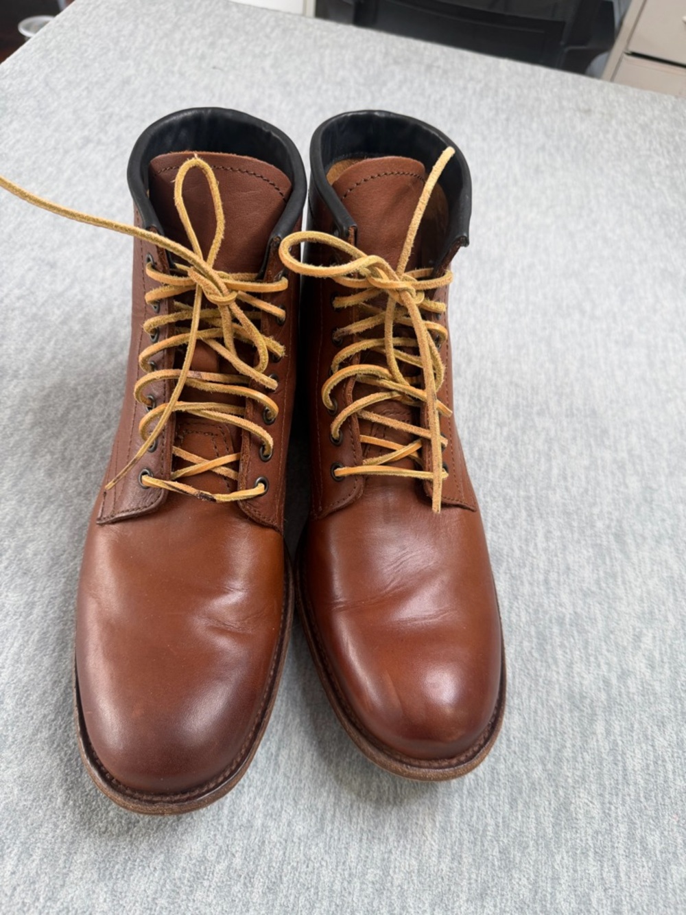 Frye Chestnut Brown Leather Lace-Up Work Boots with Tan Laces